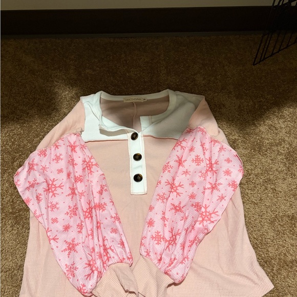 Pink and White Button-Up Top with Snowflake Sleeves - Picture 1 of 1